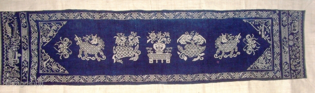 Rare Zhuang Cross Stitch Silk Embroidery on indigo hand span cotton on an ivory hemp.  1.56 x 0.48 M.  Zhuang Minority group China
.   late19th Century.   
 