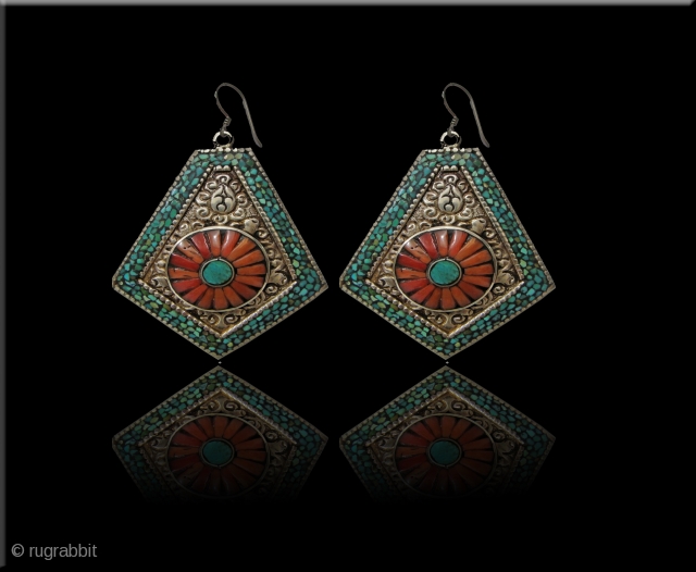 A Pair Of Magnificent & Rare Bukhara / Morocco Silver Earrings 19th Century , With Coral & Touqoise Inset and High relief designs in Silver.        