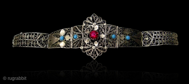 Impressive Persian/Indian Openwork Silver Bracelet, India or Iran, With Beautiful Cut Pink Garnet and Pair Of Turquoise on Both Sides of the Bracelet , Unique Openwork Cut Designs on Silver .
  