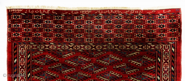 Inscribed and dated Göklan Yomut, West Turkestan 154x104 cm.
A late example with synthetic dyes and conservation problems, but very elegant and rare because of its inscription that says: " this small rug  ...