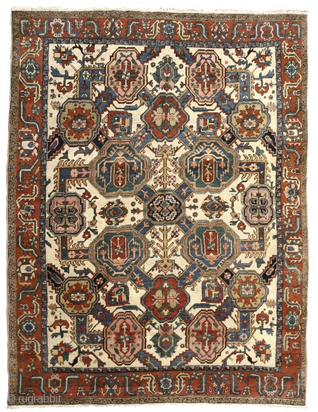 White Ground Carpet with Shield Palmettes
Heriz
Northwest Persia
circa 1890
310 x 240 cm (10’2” x 7’ 10”)
symmetrically knotted wool pile on a wool foundation


The carpets from the Heriz area rarely depart from their characteristic  ...