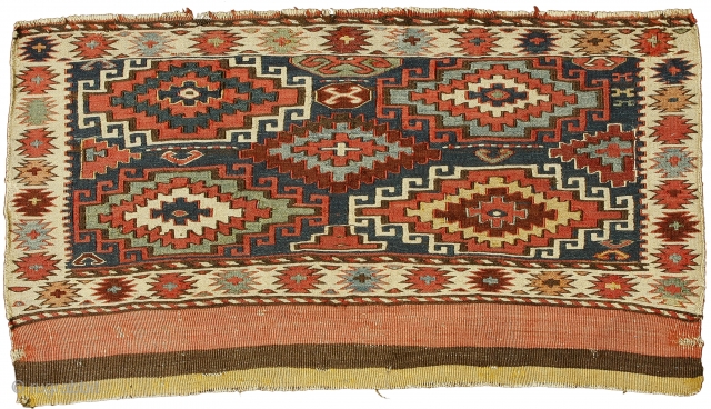 Sumak mafrash front panel, Shahsavan Confederacy , Boz Qush mountains, Hashtrud-Miyaneh region , Northwest Persia, Circa 1870, 54 x 98 cm (21.5 x 38.5 in.) 

Knot count:	23 wrapping wefts/inch.
Colours:	coral pink, maroon, apricot,  ...