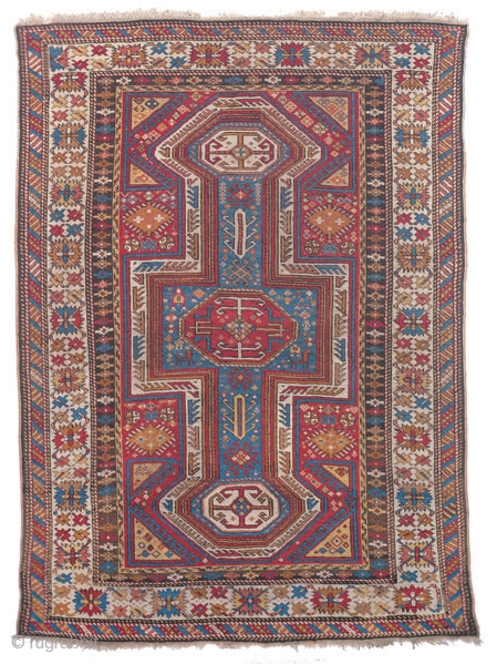 Rug with double keyhole design
Northeast Caucasus 
Kuba area
circa 1850
151 x 108 cm (5’ x 3’7) 
Alg 1048
symmetrically knotted wool pile on a wool foundation
Early Caucasian village rugs seem to be influenced either  ...