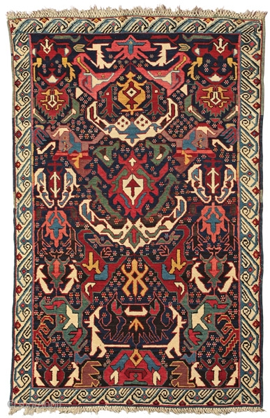 Bijov rug
Northeast Caucasus
circa 1850
178 x 110 cm (5’10” x 3’7”) 
Alg 1964
symmetrically knotted wool pile on a wool foundation


The rugs attributed to the village of Bijov, situated in the Zeikhur area, are  ...