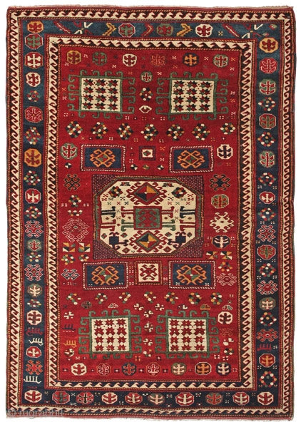 Red ground Karachop Kazak rug
Southwest Caucasus
circa 1880
260 x 183 cm (8’6” x 6’) 
Alg 1793
symmetrically knotted wool pile on a wool foundation
Karachop Kazaks have grown to become an icon of Caucasian village  ...