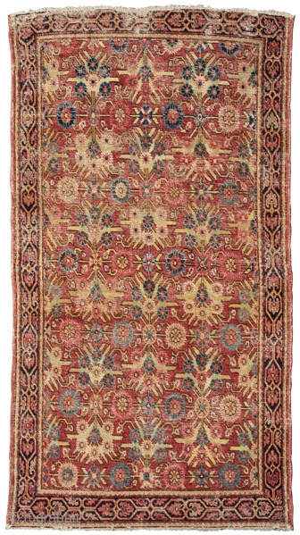 Rug with Mughal floral pattern
Kashgar oasis
Eastern Turkestan
18th century
208 x 118 cm (6’11” x 3’10”) 
Alg 2033
asymmetrically knotted wool pile open to the left on a cotton foundation
An extremely rare and early east  ...