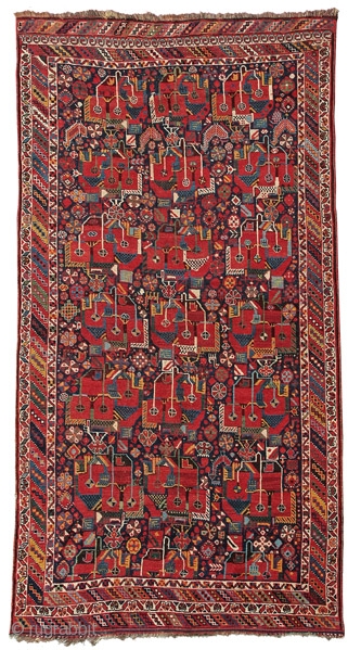 Carpet with gol farangh design
Afshar tribe, Sirjan area
Southeast Persia
circa 1870
252 x 147 cm (8’3” x 4’10”) 
Alg 2117
symmetrically knotted wool pile on a wool foundation
The so-called European flower (gol farangh) pattern has  ...