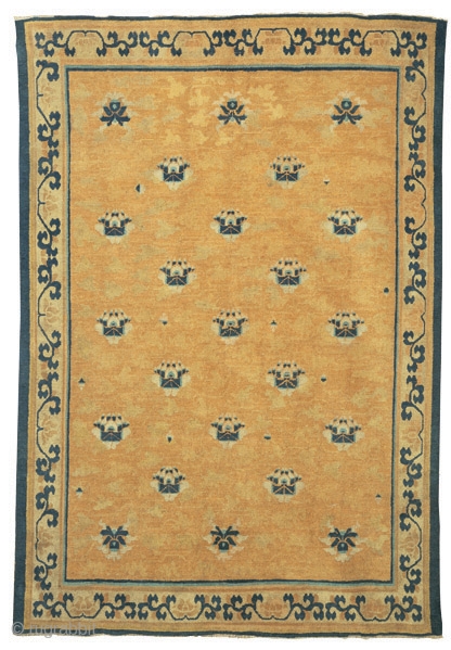 Carpet with lotus flowers
NingxiaAlg 
Northwest China
Qing Dynasty, Kangxi period (1662-1722)
257 x 180 cm (8’5” x 5’11”) 
Alg 770
asymmetrically knotted wool pile open to the left on a cotton foundation
A rare and beautiful  ...