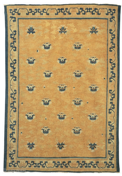 Carpet with lotus flowers
NingxiaAlg 
Northwest China
Qing Dynasty, Kangxi period (1662-1722)
257 x 180 cm (8’5” x 5’11”) 
Alg 770
asymmetrically knotted wool pile open to the left on a cotton foundation
A rare and beautiful  ...