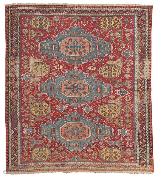 Sumakh rug with diamond medallions
Northeast Caucasus, Kuba area
circa 1830
253 x 230 cm (8’4” x 7’7”) 
Alg 1814
weft wrapping in wool on a wool foundation
What distinguishes this sumakh flatweave are the gem-like quality  ...