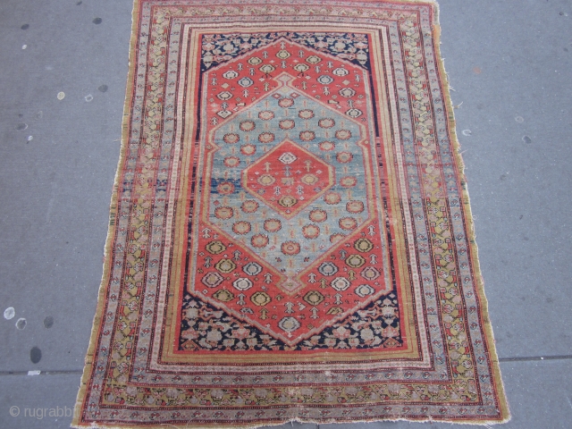 Antique Seneh  4.8x3.5
Beautiful antique Seneh in the rare 3x5 format.Camel main border and abrashed sky blue central hexagonal medallion.Late 19th century untouched & unrestored piece.Good condition with one end missing most  ...