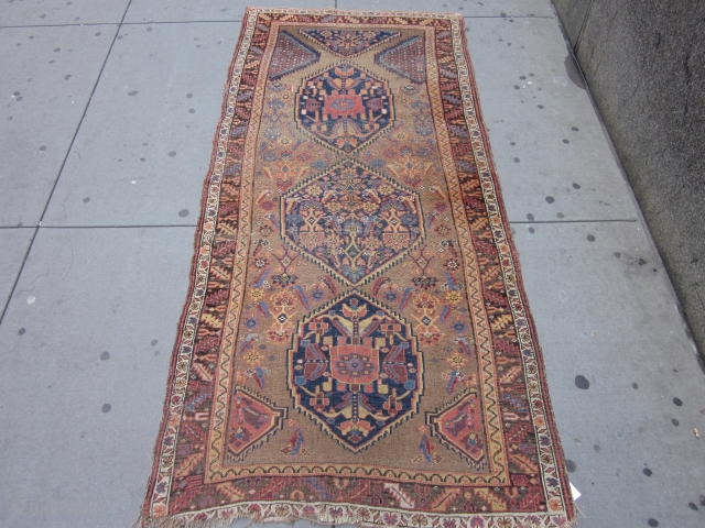 Antique Bidjar measuring 9.2 x 4.3 from late 19th century.Solid rug with general even wear.No dry or hard spots.One end guard border has unraveled and there is one old repair on the  ...