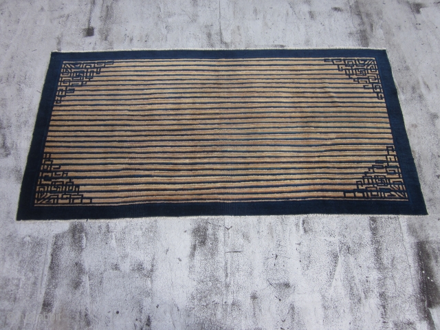 Antique Peking Chinese , Early 20th Century ,3.10 x 7.4
This unusual short warp Chinese rug has a field pattern of horizontal stripes with particular emphasis on dark blue.These lines pass under the  ...