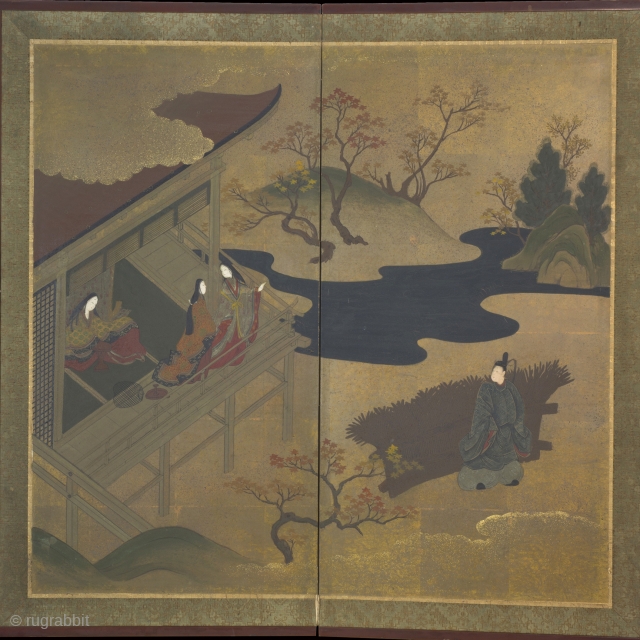 18th Century Two Fold Genji Screen, Tosa School

96cm x 93cm (37.7 x 36.6 inches) Gold leaf and mineral pigments on heavy paper with silk brocade borders, red lacquered wooden frame. Partial signature  ...