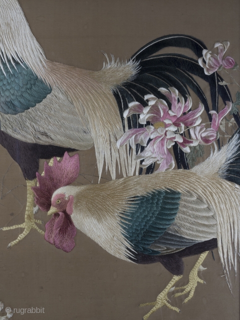 Exceptional Framed Meiji Embroidery

A large framed embroidery from Meiji Japan (1868 - 1912) featuring a family of hens amongst Peonies, the expert use of negative space making it reminiscent of the best Kacho-e woodblock prints.

An  ...