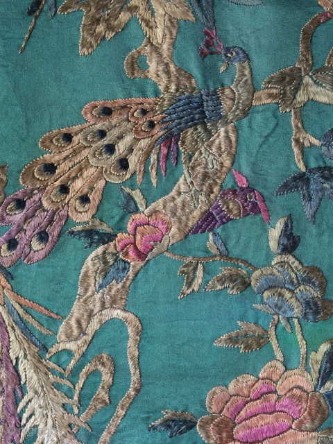 Unusual Chinese "100 birds" silk embroidery dating to late 19th century. The execution is charming and playful in a way we haven't seen on any other examples and the green ground is  ...