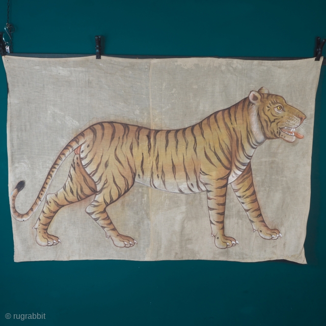 A highly decorative and very rare Indian Tiger painting. Late 19th/ early 20th century. Rajasthan, oil pigments on cloth, later black cloth backing, 105cm x 155cm.



An especially fine example, the drawing is  ...