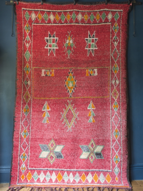 Antique Pink Moroccan Berber Rug

An exceptionally pretty, rare antique Berber carpet. Circa 1920. 253 cm x 158 cm.

Originally a uniform deep red, the ground has aged wonderfully, the whole length and breadth  ...