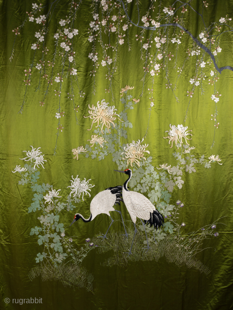 Large And Rare Moss Green Japanese Fukusa

Exceptional and very rare Moss Green Japanese Fukusa with a pair of red capped cranes among hanging cherry blossom and chrysanthemums. Made from two pieces of  ...