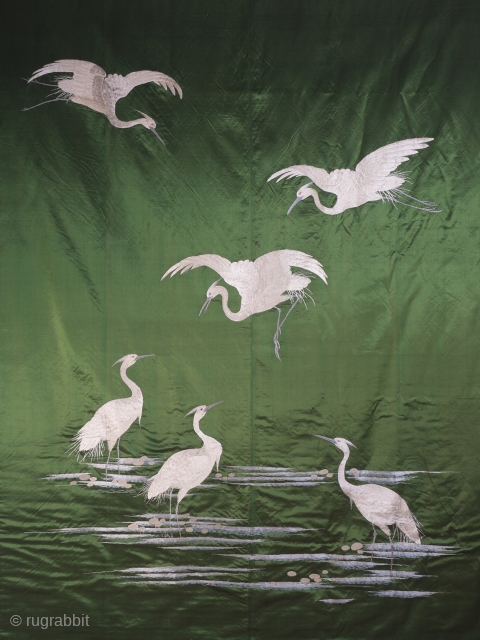 Large Green Japanese Silk Wall Hanging (212cm x 151 cm), 1870’s.

A lovely example, the deceptively simple composition of six cranes is elegant, beautifully balanced and boldly executed. The positioning of the cranes  ...