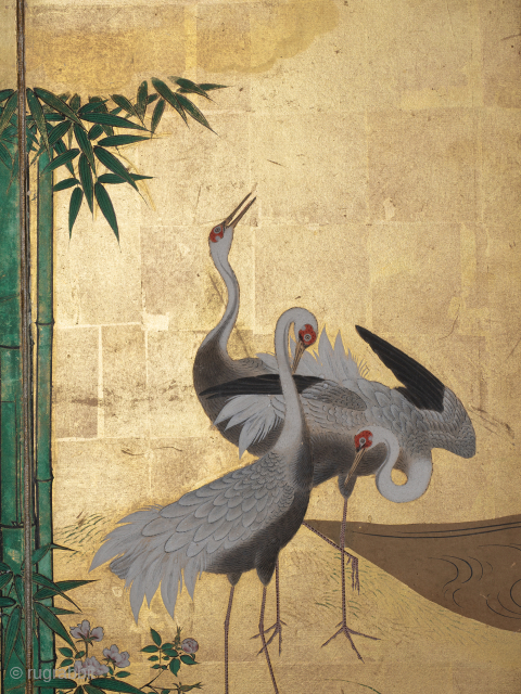 Japanese Table Screen With Cranes And Minogame



Exceptionally fine Kano school Japanese Table Screen, known as a Ko-Byobu, dating to the early 19th century. Finely executed in bright mineral pigments on gold leaf  ...
