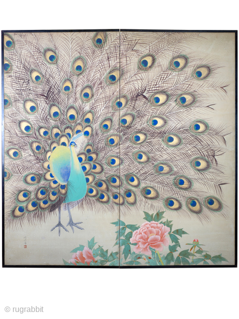 Two Fold Byobu Screen With Peacock And Flowers By Tokiaki

Mineral pigments, ink and gold on silk, mounted in a black lacquered folding wooden frame. The reverse with hand painted repeat pattern of  ...