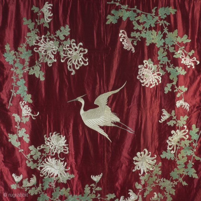 Very rare 19th century Japanese red silk Fukusa. 132cm/52 inch square.

An exceptionally decorative and well preserved piece. The central crane is beautifully drawn and executed; rendered in monotone silk, it's form delineated purely  ...