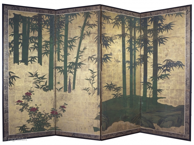 Late 18th Century byobu screen featuring a bold design of a bamboo grove beside a brushwood fence rendered in the moriage relief technique. 168cm x 254cm (66inches x 100 inches). Unknown Kano school painter.

This  ...