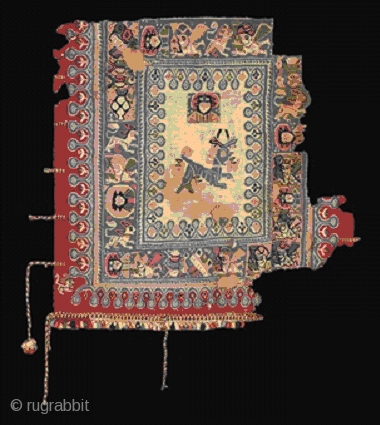 A COPTIC POLYCHROME TAPESTRY SQUARE WITH TASSELS 
6TH-8TH CENTURY A.D. 
The central panel with portrait bust and running deer below, surrounded by three small rabbits(?), stylized pomegranate border, encircling this a wide  ...