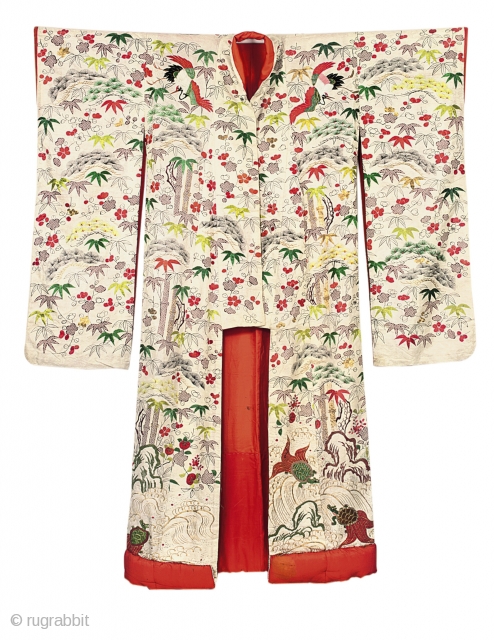 A FURISODE [WEDDING KIMONO]
EDO PERIOD, (EARLY 19TH CENTURY)
Printed and embroidered with %Ishibori%i leaves and red embroidered
plum blossom, with padded hem and long sleeves.
 
C0491     
    