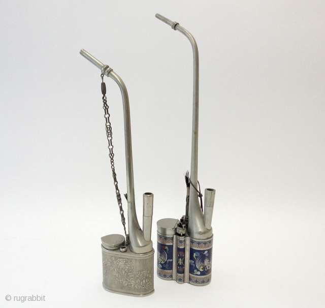 
Two waterpipes, with cloisonné-decor showing rabbits and cranes, china, late Qing dynasty
                     