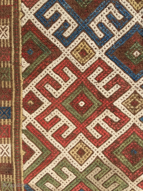 Ancient Shahsavan embroidered kilim. Rare piece, for reference see Tanavoli. Natural brown wool embroidered with large sprawled hooked pattern, reminiscent of Kazak kilims. Best colors, white is cotton. One red dye deeply  ...