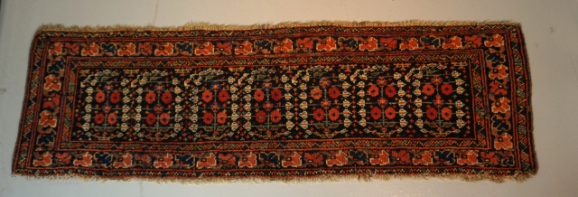 Mouthwatering Afshar mafrash long panel with seven botehs. Small pomegranates in each boteh, different hue diagonally. Refined piece and displays dramatically. Soft wool like you only find on an old Afshar. Camel  ...