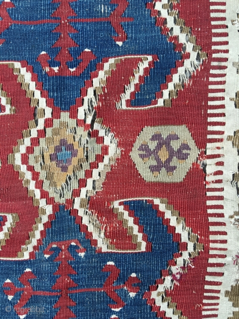 Obruk kilim, 1st half 19th century (older than most). Excellent proportions, yuncu-like drawing. Gorgeous apricot and purple, lazy lines. Top reduced, all sides secured with protective band. Many gorgeous details. Some old  ...