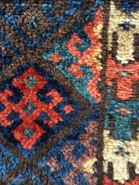 The shiniest wool you've ever seen on a Jaf. There is some goats hair in the ply. Good aubergine, best red and several excellent blues. Unusual Turkoman inspired border. Perhaps from Kelardasht?  ...
