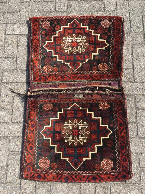 Baluch Afshar double khorjin in mint condition. Size 50.39 x 30.71 inch (128 x 78 cm). Fat meaty pile. Original closure system, sides and back intact.       