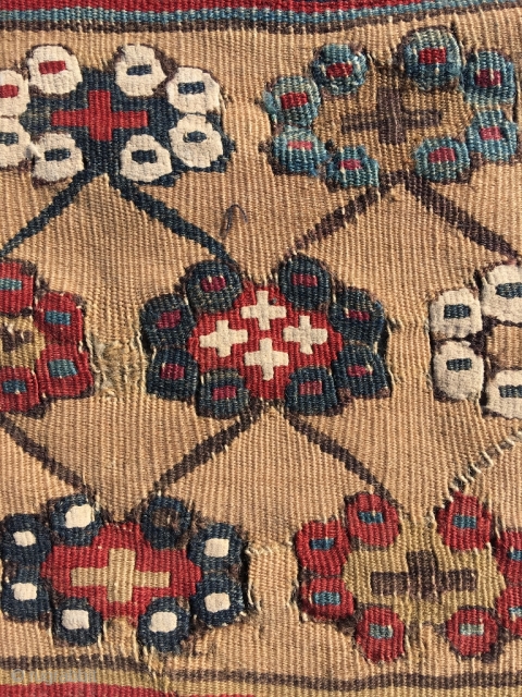 Early 19th century Anatolian kilim. Great colors and drawing, clean, but sides and ends reduced. Remaining field generally in good condition. As is, or can be attractively divided in several panels for  ...