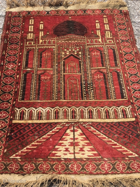 Pictorial rug Ersari with unusual perspective. Very good condition, shirazi and kilim not original.                   