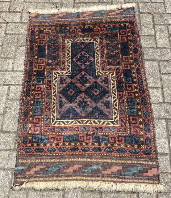 Antique Kordi Baluch prayer rug. Soft wool, nice old colors, still fresh. As found. Very supple handle because of typical Kordi double wefts. Excellent condition, original selve-edges and kilim ends. Happy little  ...