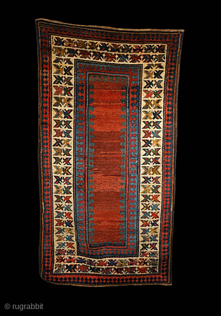 Shahsavan rug with gorgeous red empty red field (met hane, inspired by Talish rugs). Perfect condition. Unique border; the white elements form crosses. Best colors and unsurpassed Shahsavan wool. Size 219 x  ...