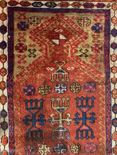Anatolian prayer rug, 19th century. Intriguing mix of totemic animism and Islamic iconography. Glorious colors and wool. Good condition. Size 58.3 x 33.5 inch (148 x 85 cm). You may contact me  ...