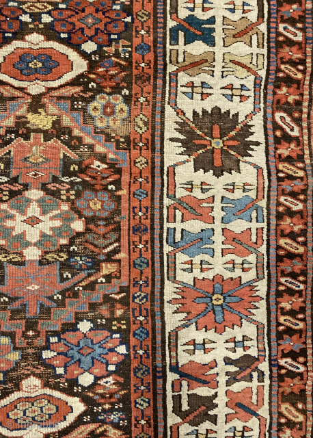 Early Kurdish kelleh, Sauj Bulagh? Size 352 x 95 cm. Excellent saturated colors, nice old purple. Interesting rendition of the border. Top worn. Contact me at alexanderbakker@flairforflavor.com.      