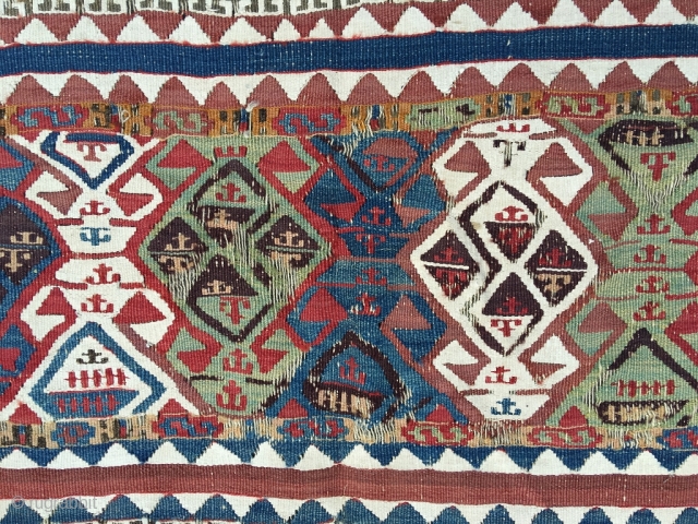 Malatya kilim, nice and old, first half 19th century. Excellent colors, many interesting details in the free flowing drawing. White is cotton. Some wear, good condition for the age. Size 141.3 x  ...