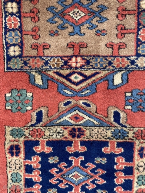 NWP small rug, probably Shahsavan. Somehow feels like a prayer rug. Perhaps because of the pentagonal ‘eyes’ which suggest mirhabs. Green compartment is at the top. Unusual border pattern. Really excellent condition,  ...