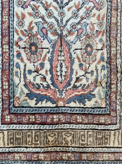 Silk Tabriz rug, Kufic border, excellent colors full pile. Knotted upside down (pile faces up when looking at the pattern instead of down). One small stain. Size 39.4 x 24 inch (100  ...