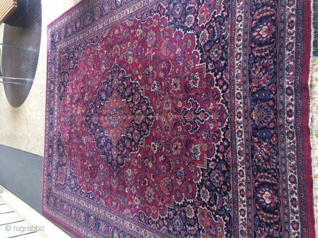 Antique Mashhad persian handmade handknotted rug ,%100 pure wool in excellent condition ,13.6 feet by 9.10 feet or 412 cm by 300 cm .this rug signed by weaver .handknotted made in iran  ...