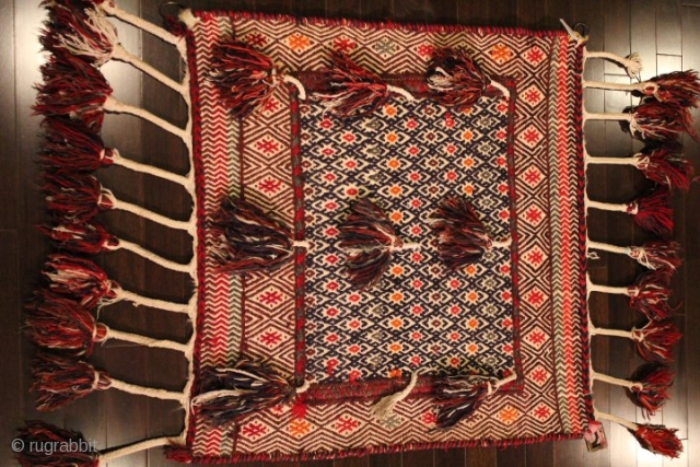 Very rare, unique & spectacular Persian Khamseh Baseri Nanoo ( Baby Cradle ) - Fars mixed with sumak technique hand-handwoven kilim with natural dyes & 100% wool
CATEGORY: Persian 
ORIGIN/TYPE: Fars / Qashqai,  ...