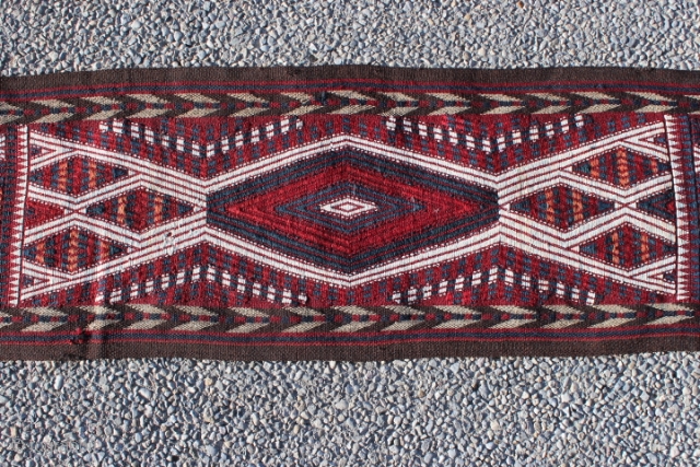 Unique original Torkaman Yomud tent bag, excellent design & condition, Sumak technique, wool and cotton material. +1940, Size: 1625cm (640") x 36cm (14.1") 
ID (APRC) No.: 250-124

https://www.facebook.com/media/set/?set=a.151746414972744.34673.100634546750598&type=3      