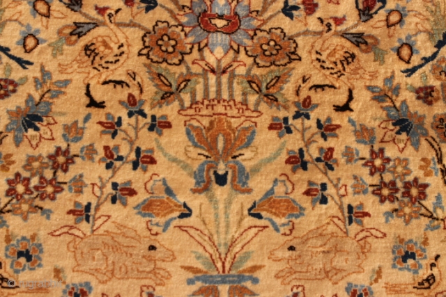 Very unique 90+ years antique Persian Isfahan hand-knotted full silky wool piled rug on silk base with 100% natural dyes 
CATEGORY: Persian
ORIGIN/TYPE: Isfahan / Paradise design 
AGE CLASSIFICATION: 1920+
SIZE: 27" (68cm) x  ...
