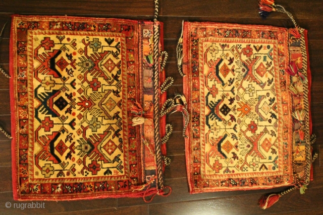 Very unique identical ( Pair ) 70-80 years old Persian Afshari hand-knotted piled chanteh with original plain weave back & fasteners, natural dyes & 100% wool
CATEGORY: Persian
ORIGIN/TYPE: Afshari / Opium Flower design  ...